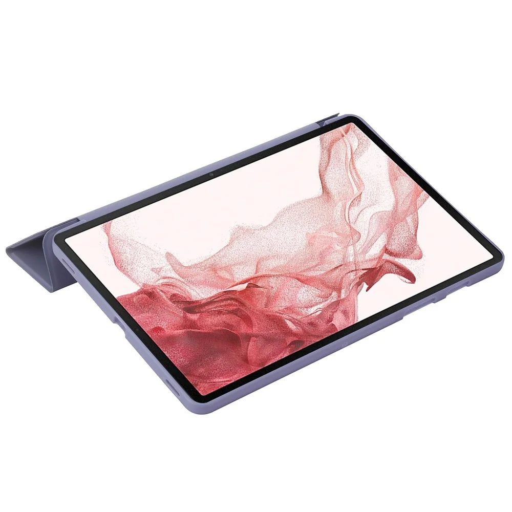 For Samsung Galaxy Tab S8+ Auto Wake/Sleep Function Anti-scratch Soft Silicone+Leather Cover Three-fold Stand Well-protected Tablet Case - Purple - 7