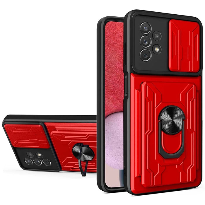 Slide Camera Protection Phone Case for Samsung Galaxy A13 4G, Ring Kickstand PC + TPU Hybrid Cover - Red - 1