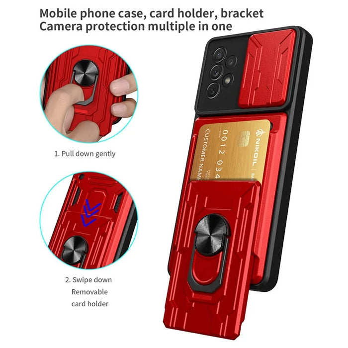 Slide Camera Protection Phone Case for Samsung Galaxy A13 4G, Ring Kickstand PC + TPU Hybrid Cover - Red - 2