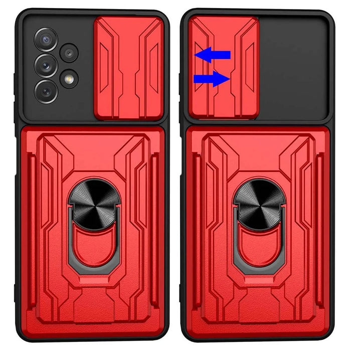 Slide Camera Protection Phone Case for Samsung Galaxy A13 4G, Ring Kickstand PC + TPU Hybrid Cover - Red - 3
