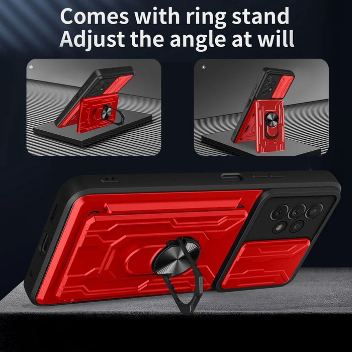 Slide Camera Protection Phone Case for Samsung Galaxy A13 4G, Ring Kickstand PC + TPU Hybrid Cover - Red - 4