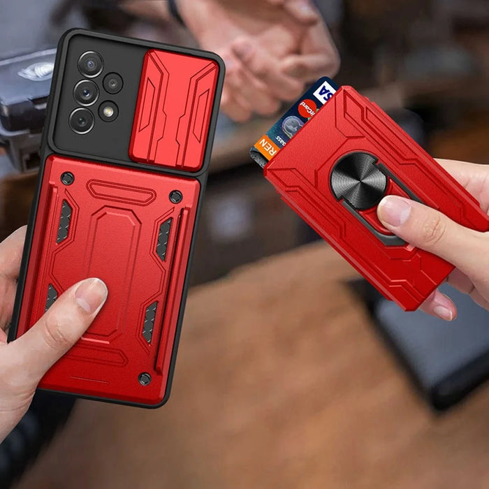 Slide Camera Protection Phone Case for Samsung Galaxy A13 4G, Ring Kickstand PC + TPU Hybrid Cover - Red - 5
