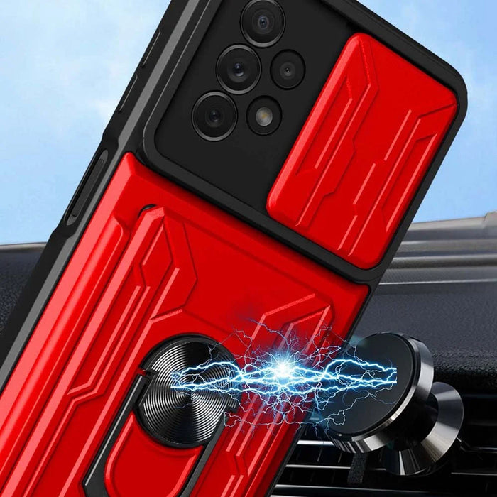 Slide Camera Protection Phone Case for Samsung Galaxy A13 4G, Ring Kickstand PC + TPU Hybrid Cover - Red - 6