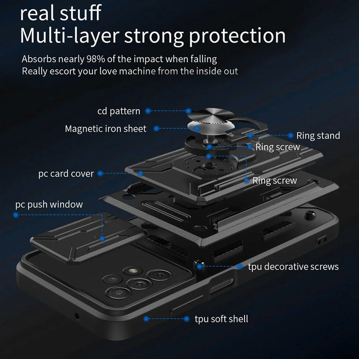 Slide Camera Protection Phone Case for Samsung Galaxy A13 4G, Ring Kickstand PC + TPU Hybrid Cover - Red - 7