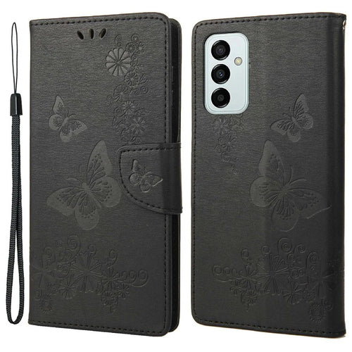 For Samsung Galaxy M23 5G/F23 5G PU Leather Butterfly Flower Imprinted Case Stand Wallet Design Protective Phone Cover - Black - 1