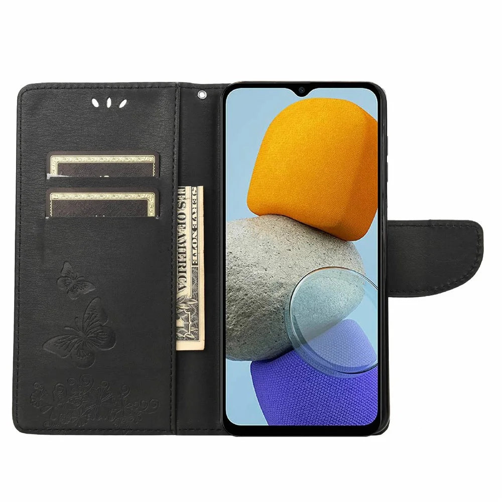 For Samsung Galaxy M23 5G/F23 5G PU Leather Butterfly Flower Imprinted Case Stand Wallet Design Protective Phone Cover - Black - 2