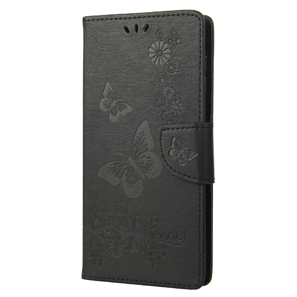 For Samsung Galaxy M23 5G/F23 5G PU Leather Butterfly Flower Imprinted Case Stand Wallet Design Protective Phone Cover - Black - 6