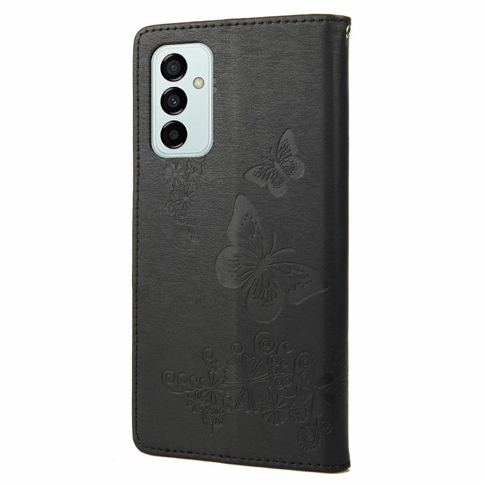 For Samsung Galaxy M23 5G/F23 5G PU Leather Butterfly Flower Imprinted Case Stand Wallet Design Protective Phone Cover - Black - 7