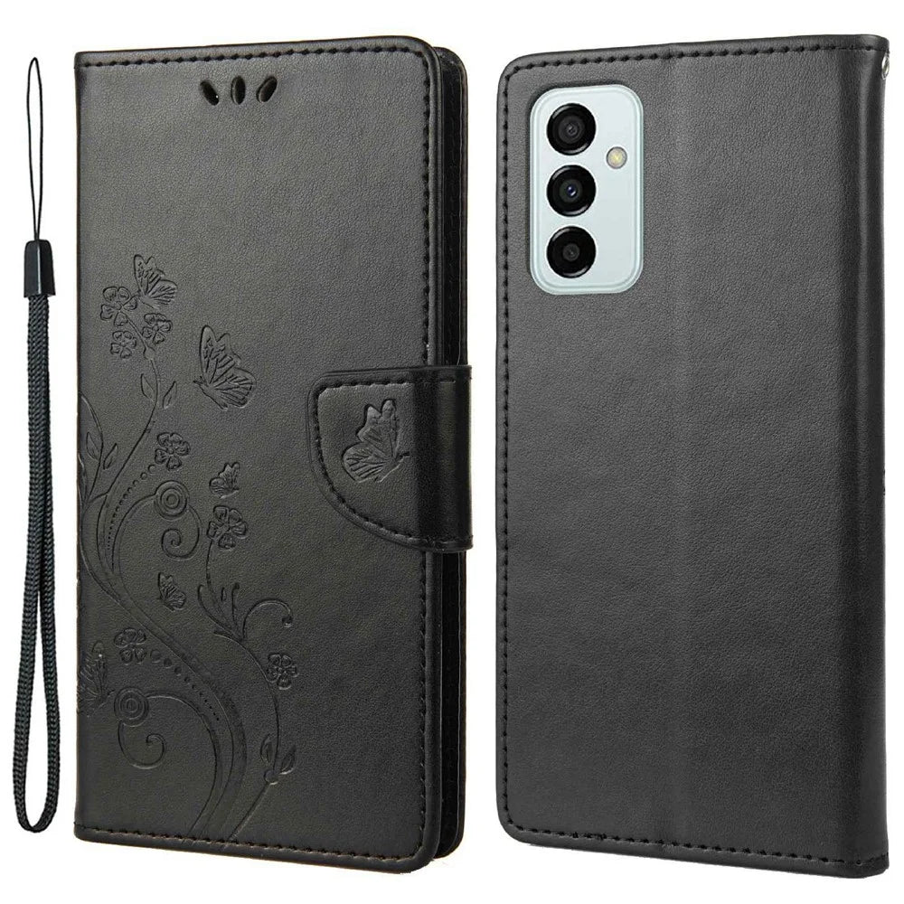 For Samsung Galaxy M23 5G/F23 5G PU Leather Butterfly Flower Imprinted Case Stand Wallet Design Protective Phone Cover - Black - 1