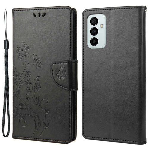 For Samsung Galaxy M23 5G/F23 5G PU Leather Butterfly Flower Imprinted Case Stand Wallet Design Protective Phone Cover - Black - 1