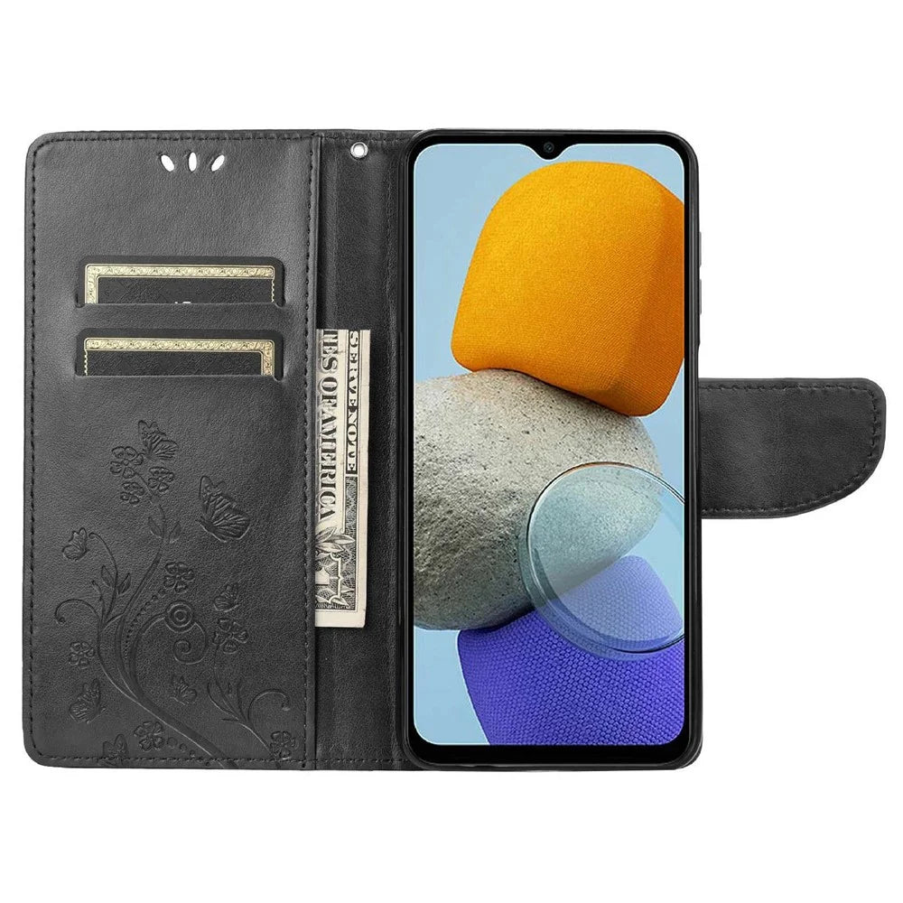For Samsung Galaxy M23 5G/F23 5G PU Leather Butterfly Flower Imprinted Case Stand Wallet Design Protective Phone Cover - Black - 2