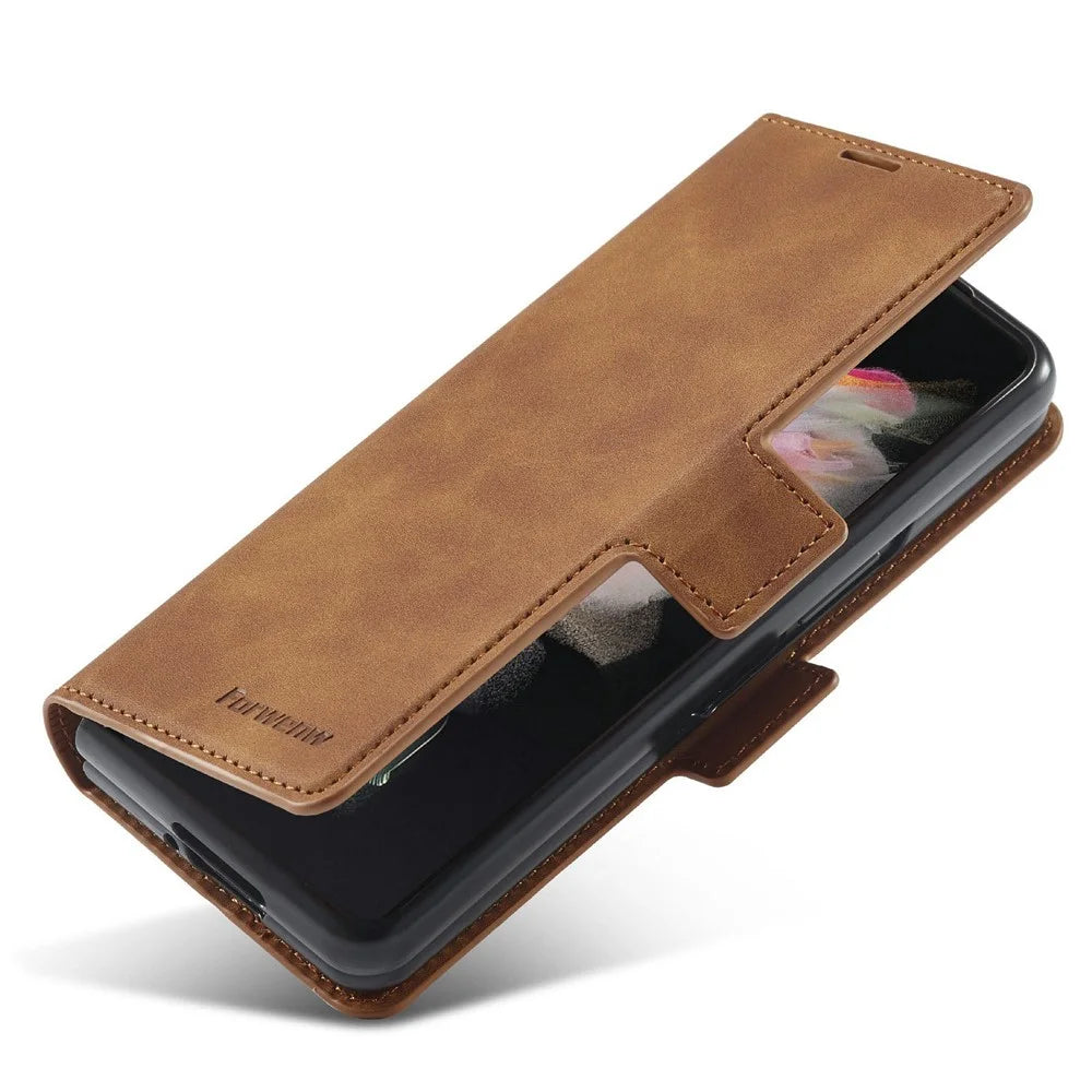 FORWENW for Samsung Galaxy Z Fold3 5G Fantasy Series Skin-touch PU Leather Well-protected Cover Anti-drop Cell Phone Stand Wallet Case - Brown - 4