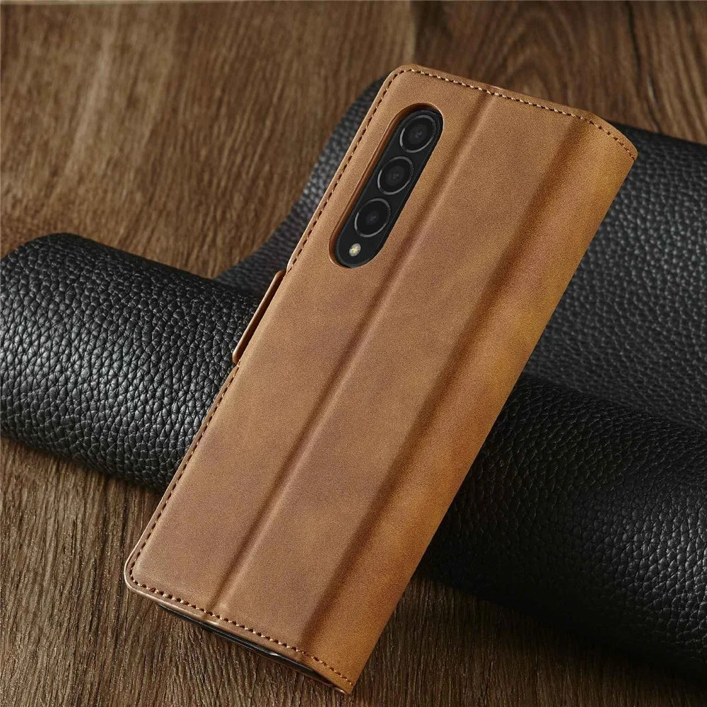 FORWENW for Samsung Galaxy Z Fold3 5G Fantasy Series Skin-touch PU Leather Well-protected Cover Anti-drop Cell Phone Stand Wallet Case - Brown - 5