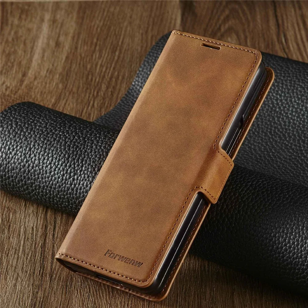 FORWENW for Samsung Galaxy Z Fold3 5G Fantasy Series Skin-touch PU Leather Well-protected Cover Anti-drop Cell Phone Stand Wallet Case - Brown - 6