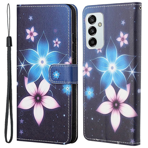 For Samsung Galaxy M23 5G/F23 5G Cross Texture Pattern Printing Stand Leather Phone Case Wallet Flip Cover with Strap - Blue Flowers - 1
