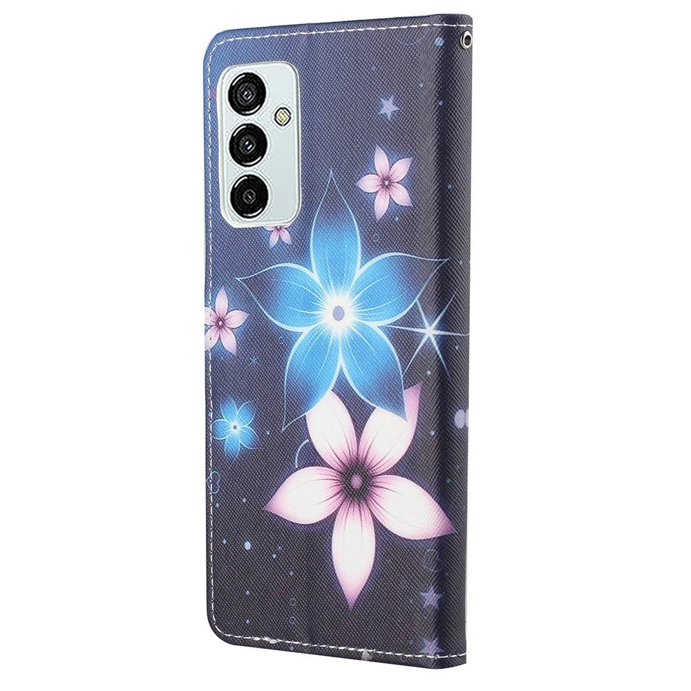 For Samsung Galaxy M23 5G/F23 5G Cross Texture Pattern Printing Stand Leather Phone Case Wallet Flip Cover with Strap - Blue Flowers - 5