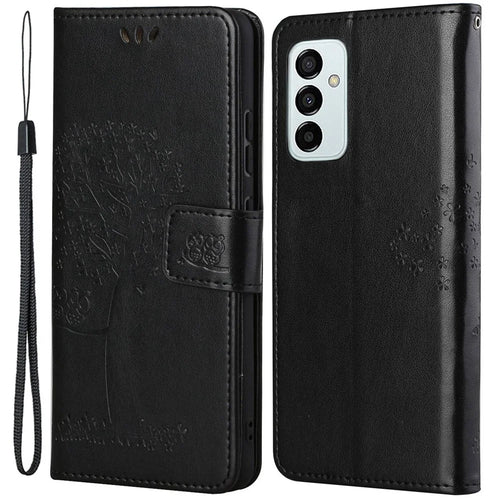 For Samsung Galaxy M23 5G/F23 5G PU Leather Imprinted Owl Tree Pattern Case Folding Stand Wallet Flip Cover with Strap - Black - 1