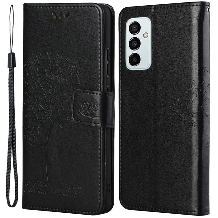 For Samsung Galaxy M23 5G/F23 5G PU Leather Imprinted Owl Tree Pattern Case Folding Stand Wallet Flip Cover with Strap - Black - 1