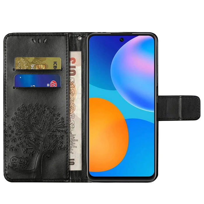 For Samsung Galaxy M23 5G/F23 5G PU Leather Imprinted Owl Tree Pattern Case Folding Stand Wallet Flip Cover with Strap - Black - 3