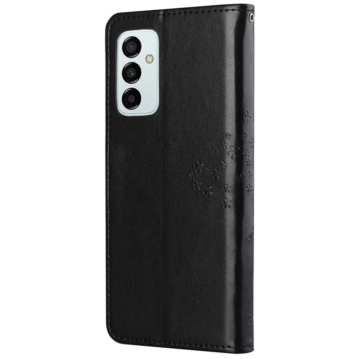 For Samsung Galaxy M23 5G/F23 5G PU Leather Imprinted Owl Tree Pattern Case Folding Stand Wallet Flip Cover with Strap - Black - 5