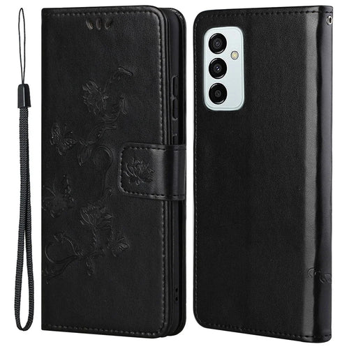 For Samsung Galaxy M23 5G/F23 5G Imprinted Butterfly Flower Pattern Leather Case Wallet Stand Cover with Strap - Black - 1