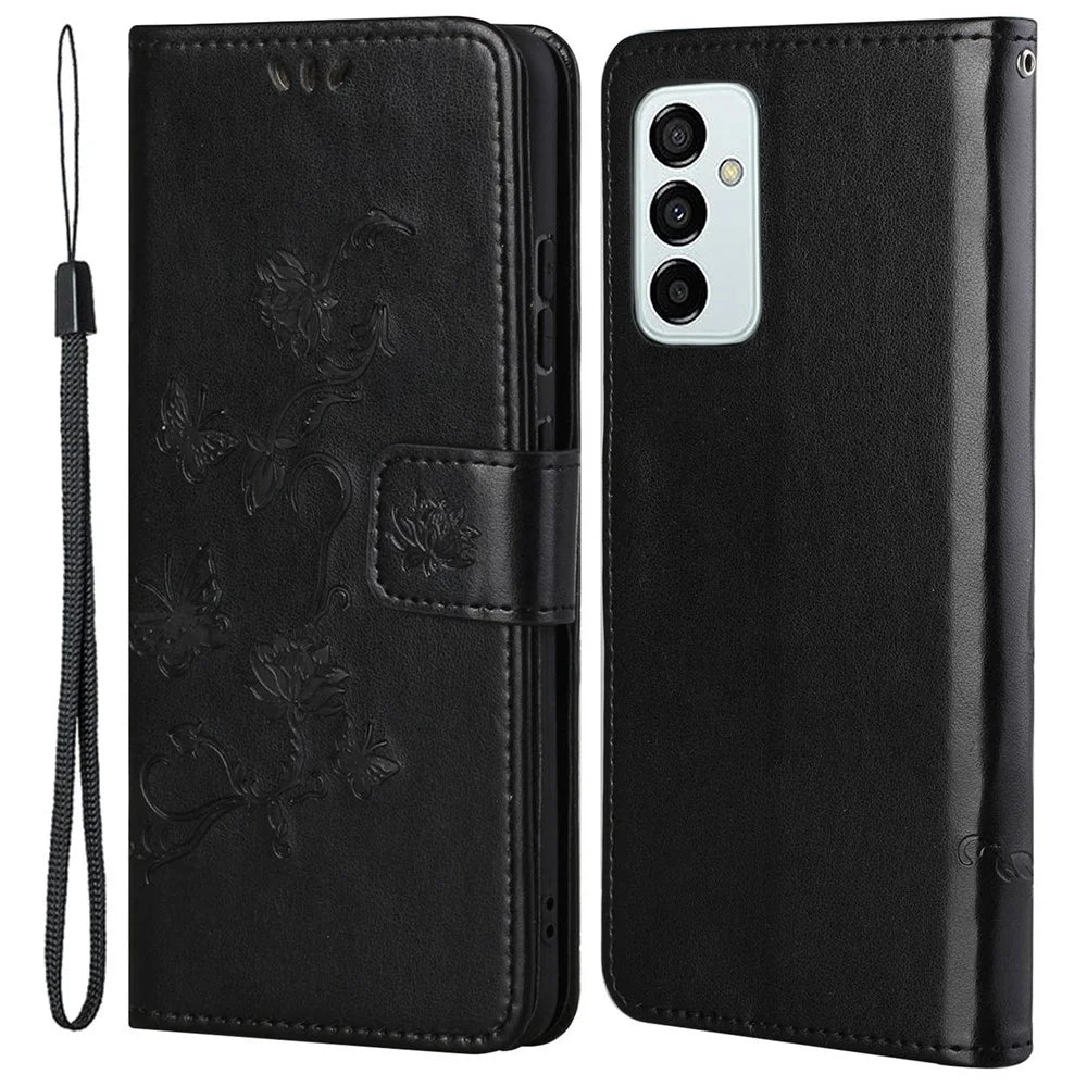 For Samsung Galaxy M23 5G/F23 5G Imprinted Butterfly Flower Pattern Leather Case Wallet Stand Cover with Strap - Black - 1
