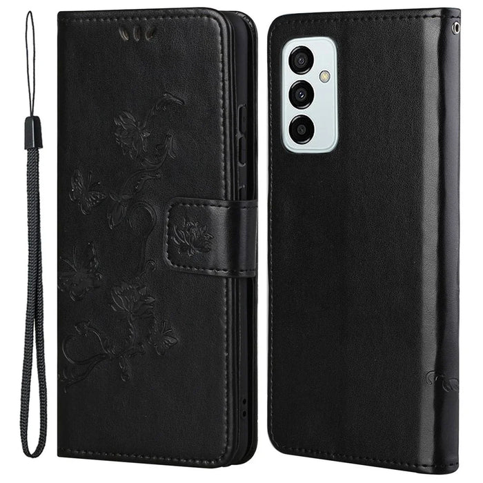 For Samsung Galaxy M23 5G/F23 5G Imprinted Butterfly Flower Pattern Leather Case Wallet Stand Cover with Strap - Black - 1