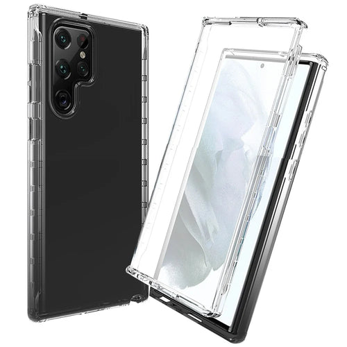 Gradient Phone Case for Samsung Galaxy S22 Ultra 5G Full Protection Shockproof Cover 3-in-1 PC+TPU Hybrid Scratch Resistant Phone Case with PET Screen Protector - Black - 1