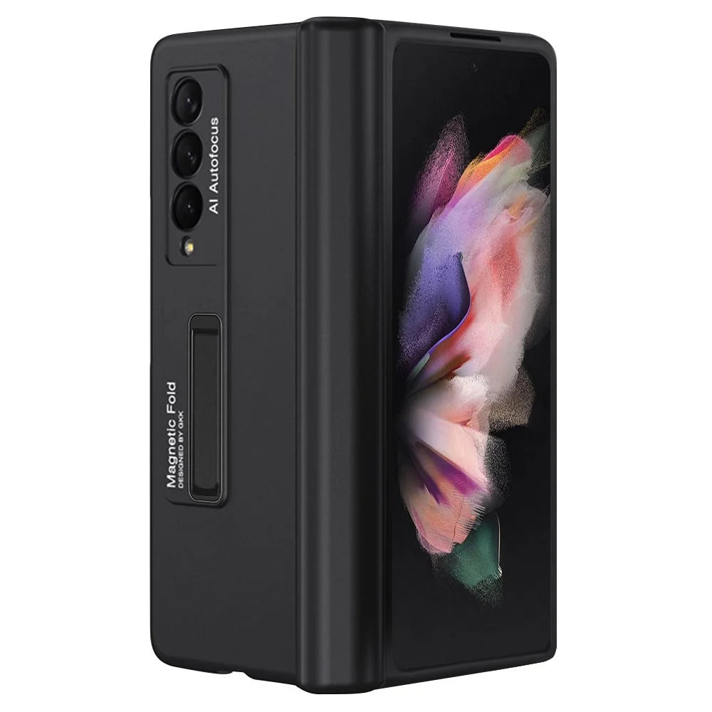GKK For Samsung Galaxy Z Fold3 5G Magnetic Absorption Hinge Phone Case PC + Tempered Glass Full Protection Shell with Kickstand - Black - 1