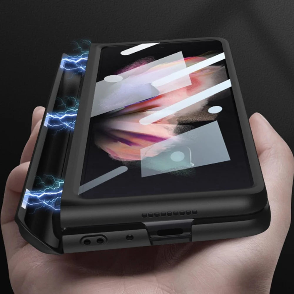 GKK For Samsung Galaxy Z Fold3 5G Magnetic Absorption Hinge Phone Case PC + Tempered Glass Full Protection Shell with Kickstand - Black - 3