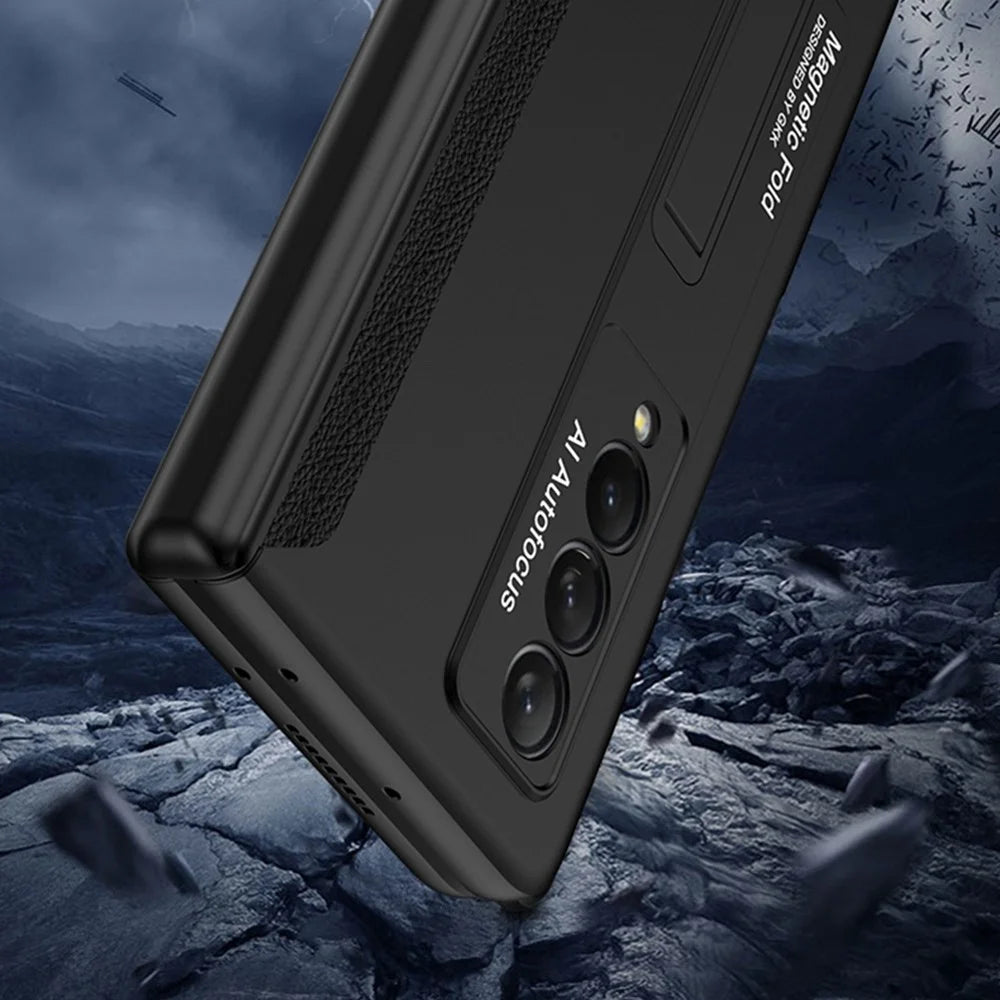 GKK For Samsung Galaxy Z Fold3 5G Magnetic Absorption Hinge Phone Case PC + Tempered Glass Full Protection Shell with Kickstand - Black - 4