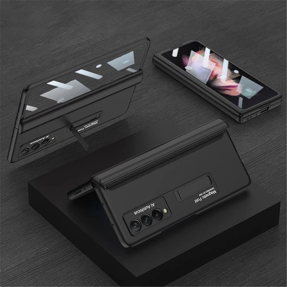 GKK For Samsung Galaxy Z Fold3 5G Magnetic Absorption Hinge Phone Case PC + Tempered Glass Full Protection Shell with Kickstand - Black - 6
