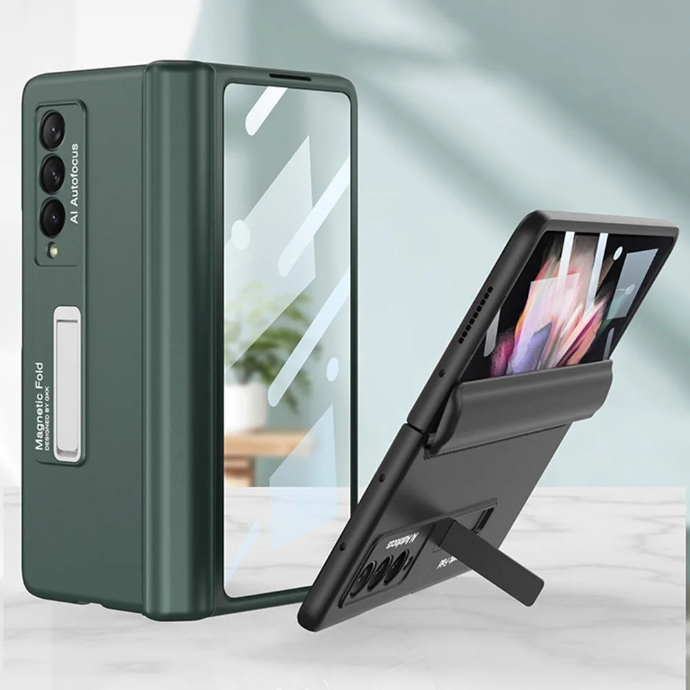 GKK For Samsung Galaxy Z Fold3 5G Magnetic Absorption Hinge Phone Case PC + Tempered Glass Full Protection Shell with Kickstand - Black - 7
