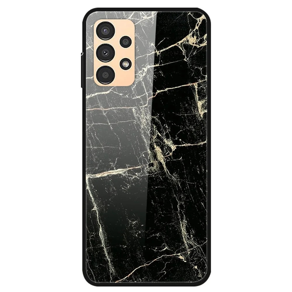 For Samsung Galaxy A23 5G (Global Version) / 4G Colorful Pattern Printing Case Anti-Scratch Tempered Glass Hard PC Back + TPU Shockproof Protective Cover Skin - Platinum Black Grain - 1