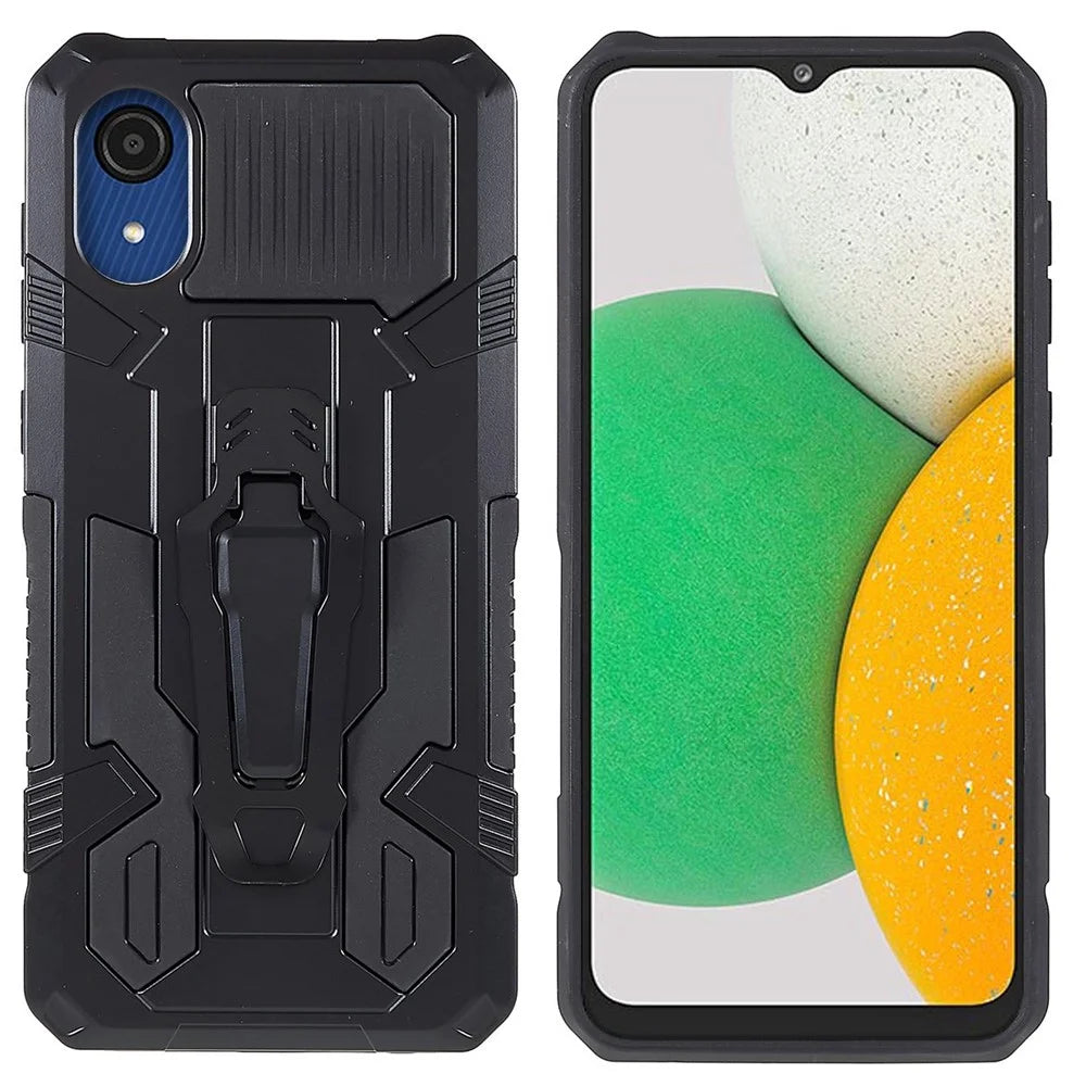 MechWarrior Project for Samsung Galaxy A03 Core Shockproof Anti-scratch Built-in Metal Sheet Hybrid Hard PC Soft TPU Case with Back Clip Kickstand - Black - 1