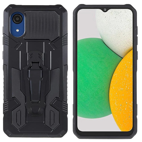 MechWarrior Project for Samsung Galaxy A03 Core Shockproof Anti-scratch Built-in Metal Sheet Hybrid Hard PC Soft TPU Case with Back Clip Kickstand - Black - 1