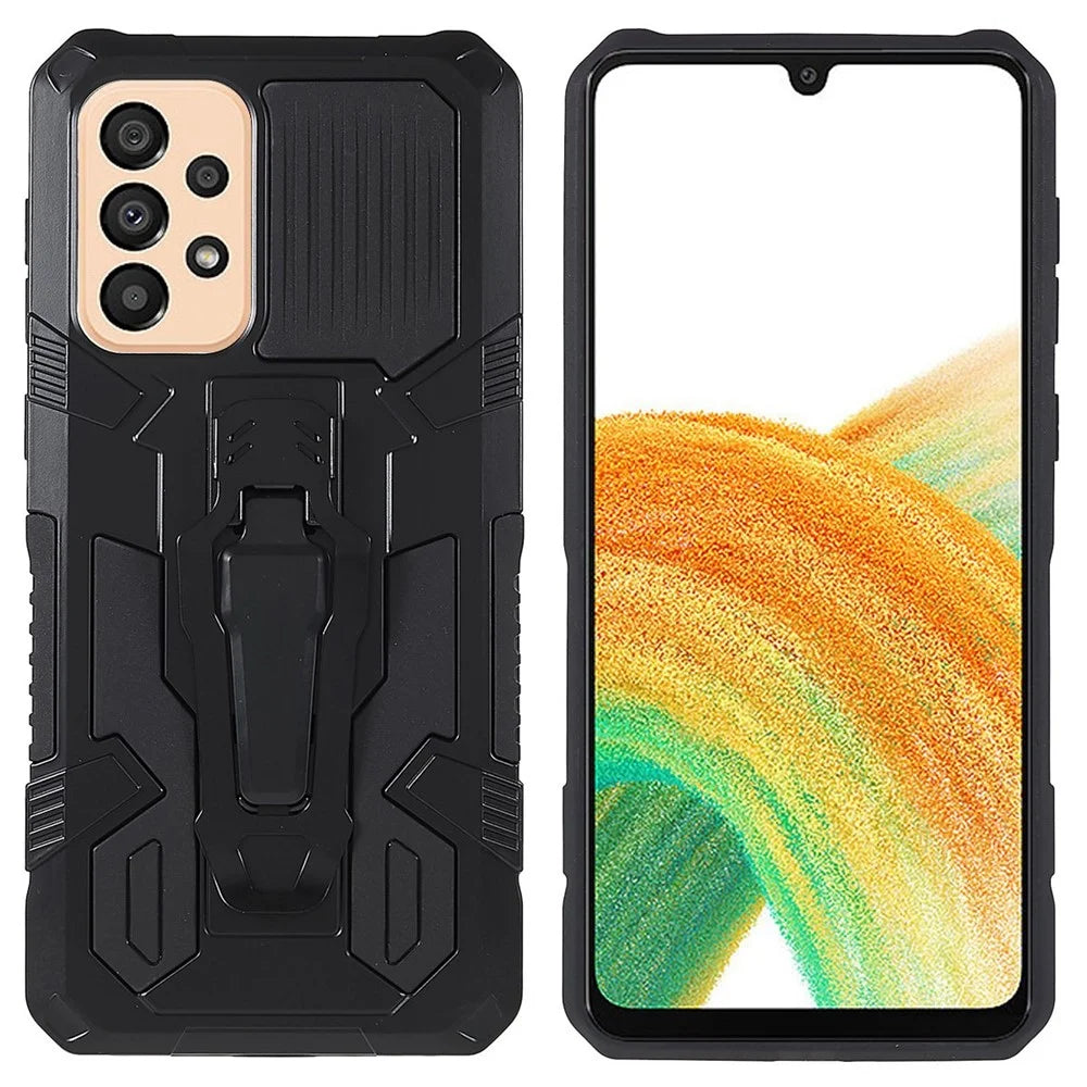 MechWarrior Project for Samsung Galaxy A33 5G Well-protected Anti-fall Built-in Metal Sheet Hybrid Hard PC Soft TPU Case with Back Clip Kickstand - Black - 1