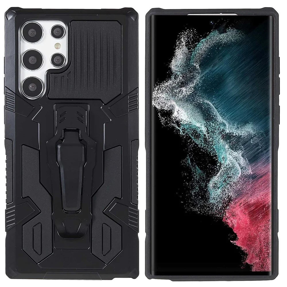 MechWarrior Project for Samsung Galaxy S22 Ultra 5G Hybrid Hard PC Soft TPU Airbag Anti-drop Cell Phone Case with Back Clip Kickstand - Black - 1