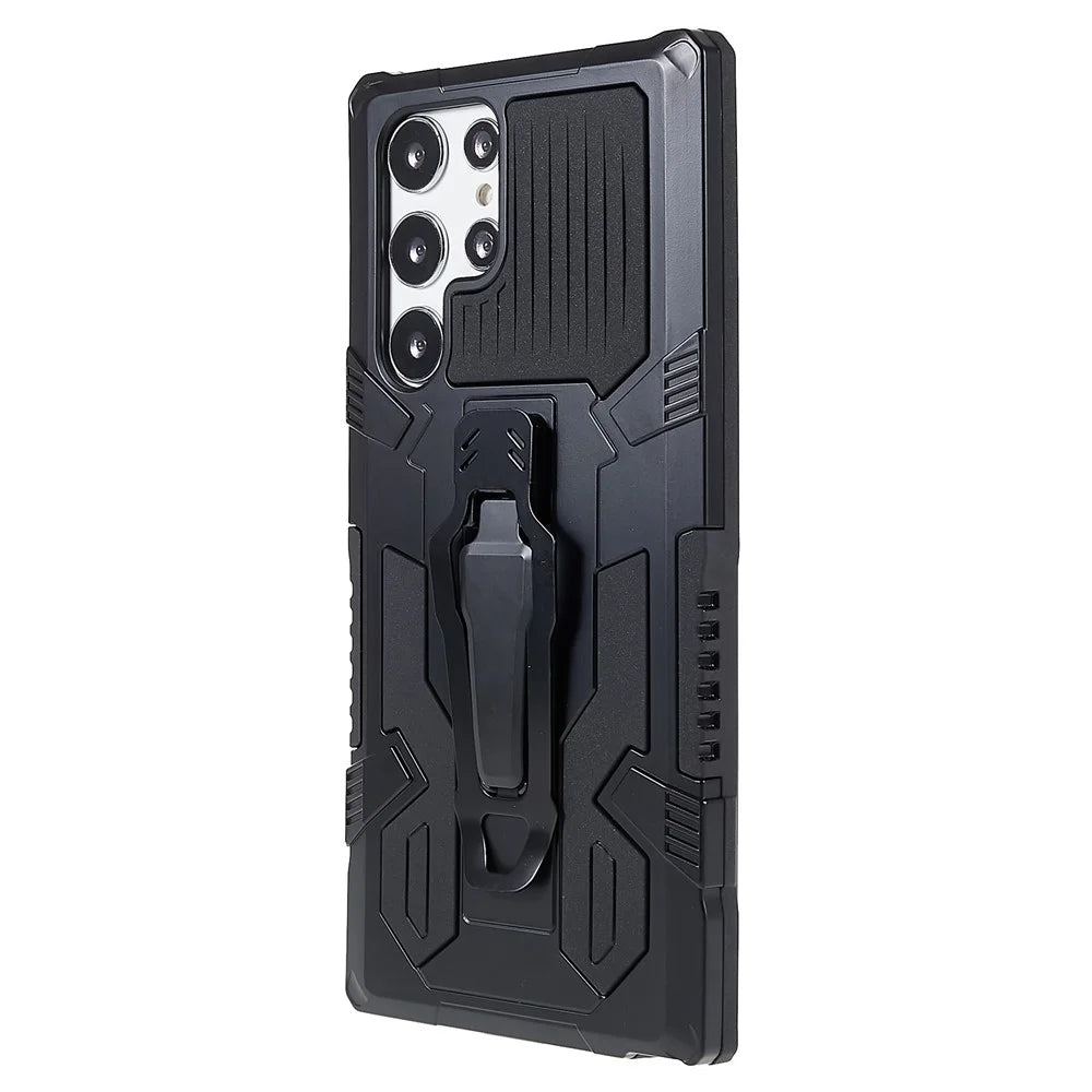 MechWarrior Project for Samsung Galaxy S22 Ultra 5G Hybrid Hard PC Soft TPU Airbag Anti-drop Cell Phone Case with Back Clip Kickstand - Black - 3