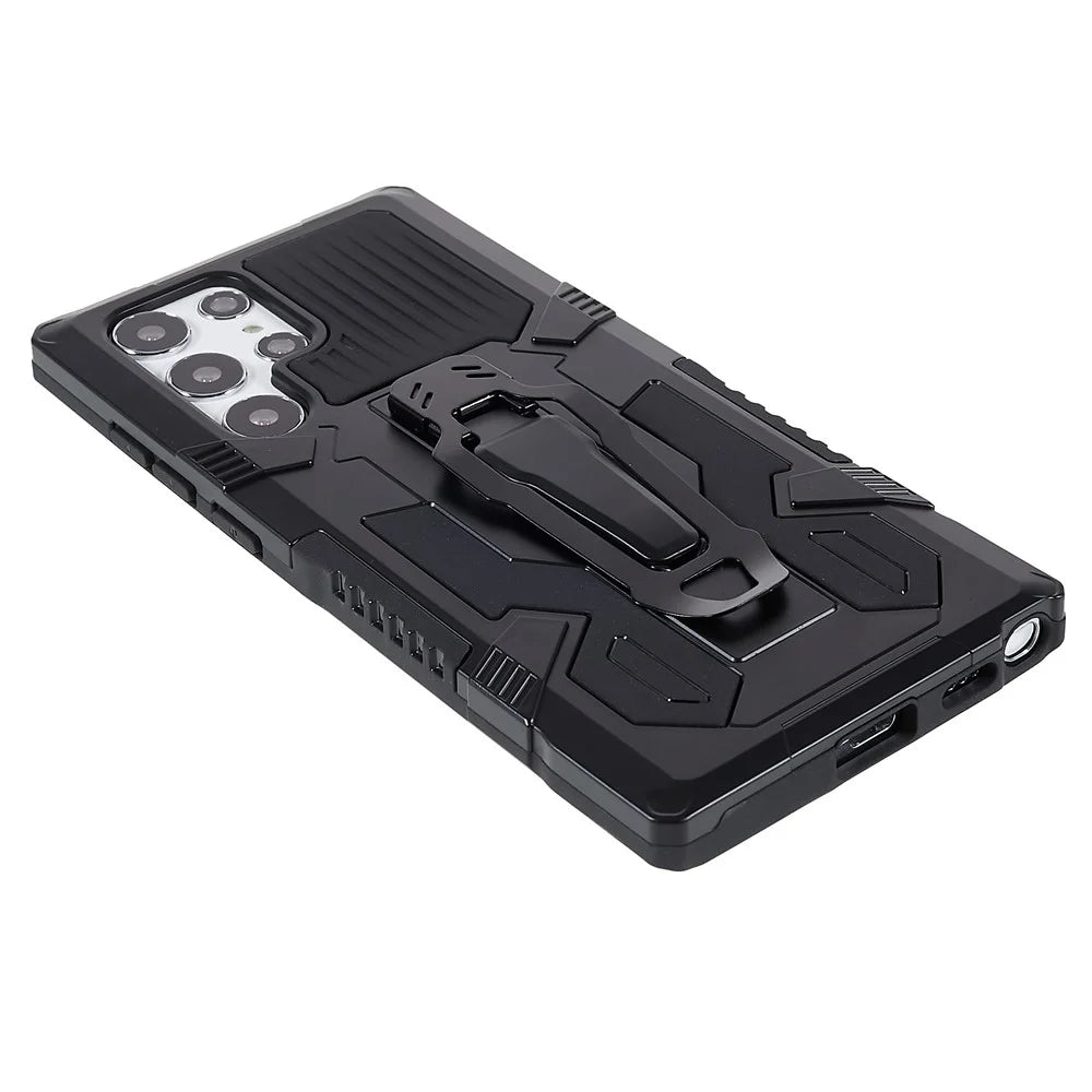 MechWarrior Project for Samsung Galaxy S22 Ultra 5G Hybrid Hard PC Soft TPU Airbag Anti-drop Cell Phone Case with Back Clip Kickstand - Black - 5