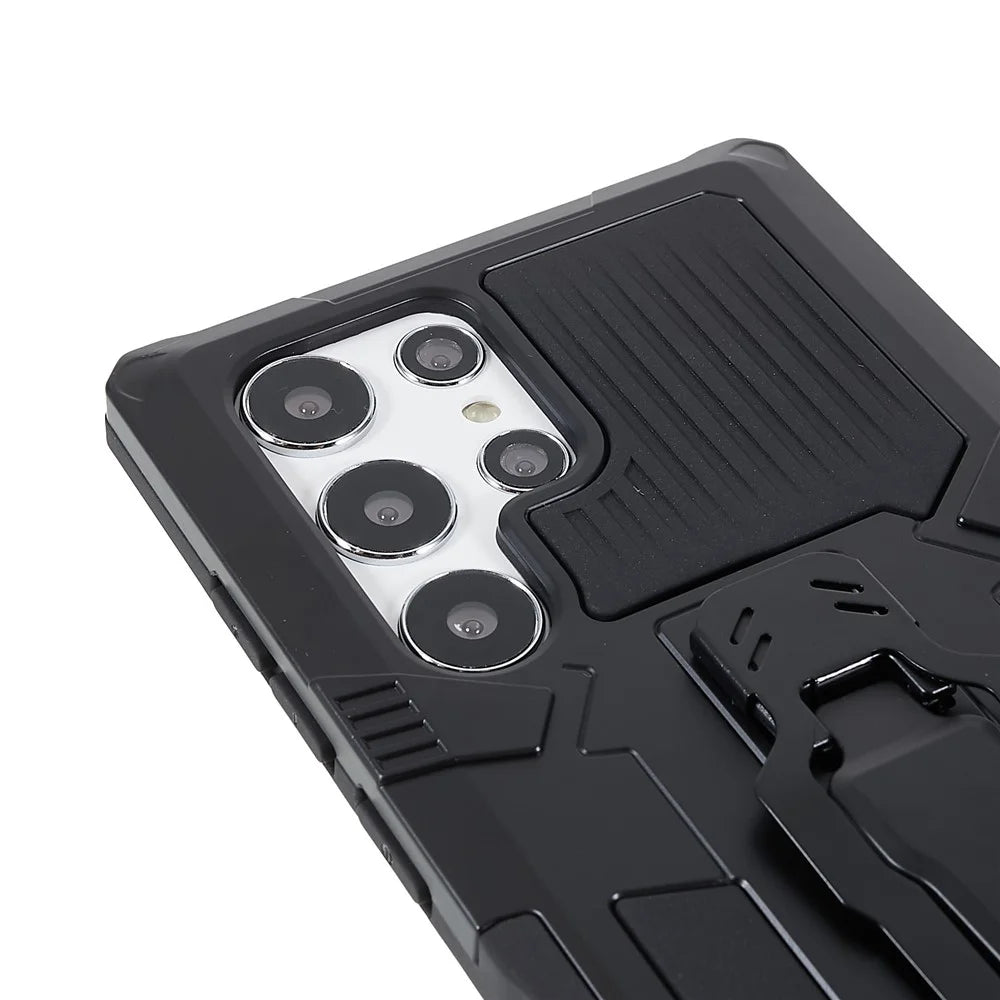 MechWarrior Project for Samsung Galaxy S22 Ultra 5G Hybrid Hard PC Soft TPU Airbag Anti-drop Cell Phone Case with Back Clip Kickstand - Black - 7