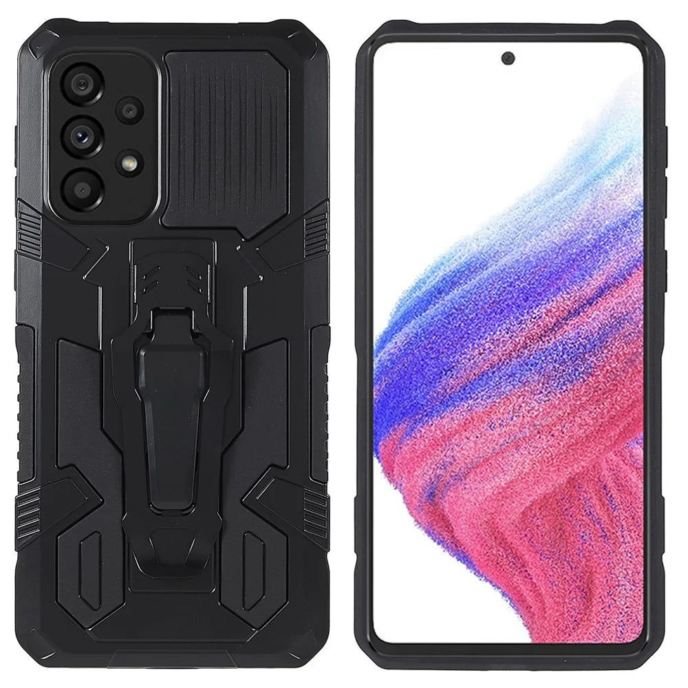 MechWarrior Project for Samsung Galaxy A53 5G Built-in Metal Sheet Hybrid Hard PC Soft TPU Anti-scratch Case with Back Clip Kickstand - Black - 1