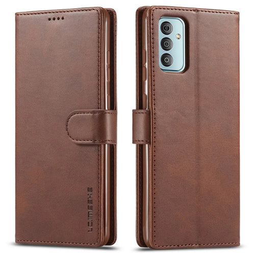 LC.IMEEKE For Samsung Galaxy M23 5G/F23 5G Textured PU Leather Magnetic Clasp Phone Case with Wallet Stand - Brown - 1