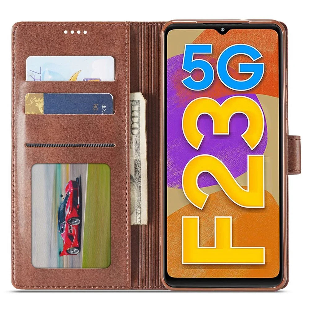 LC.IMEEKE For Samsung Galaxy M23 5G/F23 5G Textured PU Leather Magnetic Clasp Phone Case with Wallet Stand - Brown - 2