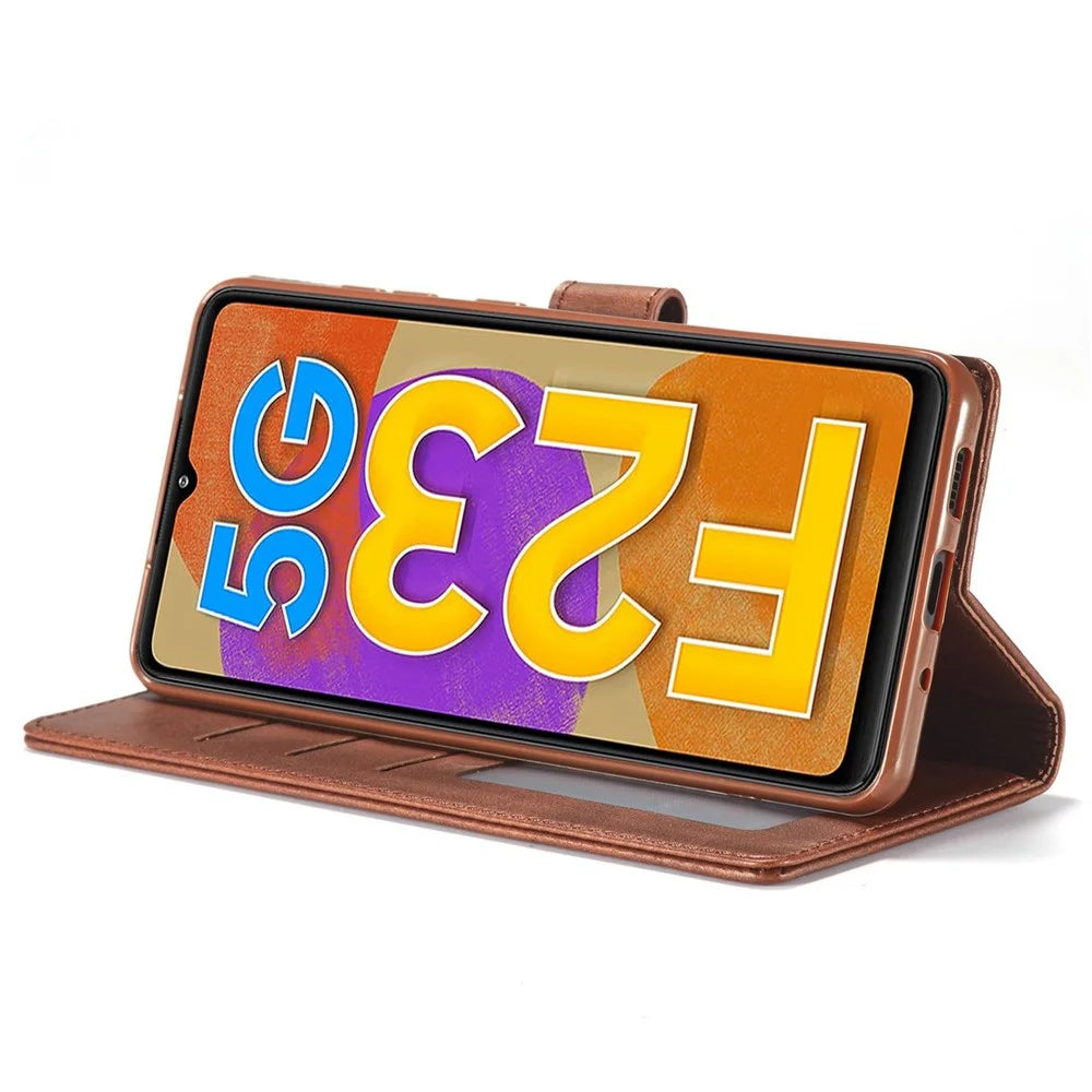 LC.IMEEKE For Samsung Galaxy M23 5G/F23 5G Textured PU Leather Magnetic Clasp Phone Case with Wallet Stand - Brown - 3
