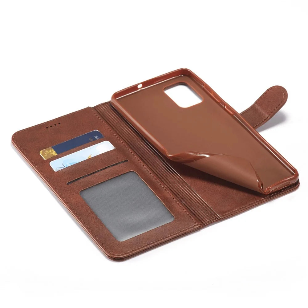 LC.IMEEKE For Samsung Galaxy M23 5G/F23 5G Textured PU Leather Magnetic Clasp Phone Case with Wallet Stand - Brown - 5
