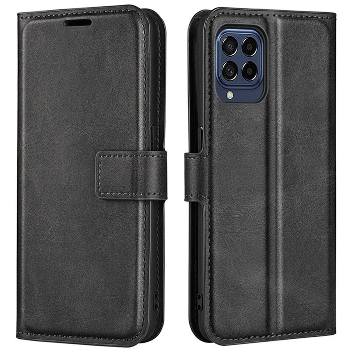 For Samsung Galaxy M33 5G (Global Version) Magnetic Clasp Textured PU Leather Stand Phone Case Wallet Folio Flip Cover - Black - 1