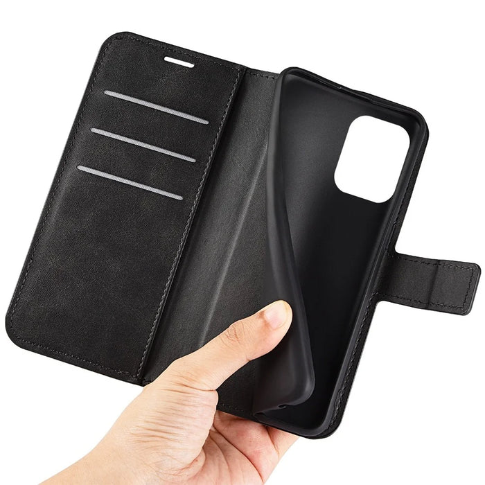 For Samsung Galaxy M33 5G (Global Version) Magnetic Clasp Textured PU Leather Stand Phone Case Wallet Folio Flip Cover - Black - 5