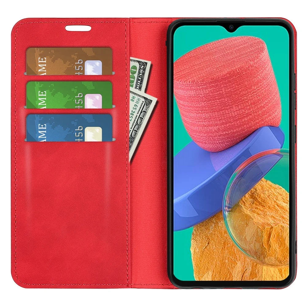 For Samsung Galaxy M33 5G (Global Version) Skin-touch Feeling PU Leather Auto Closure Magnetic Phone Case with Wallet Stand - Red - 2