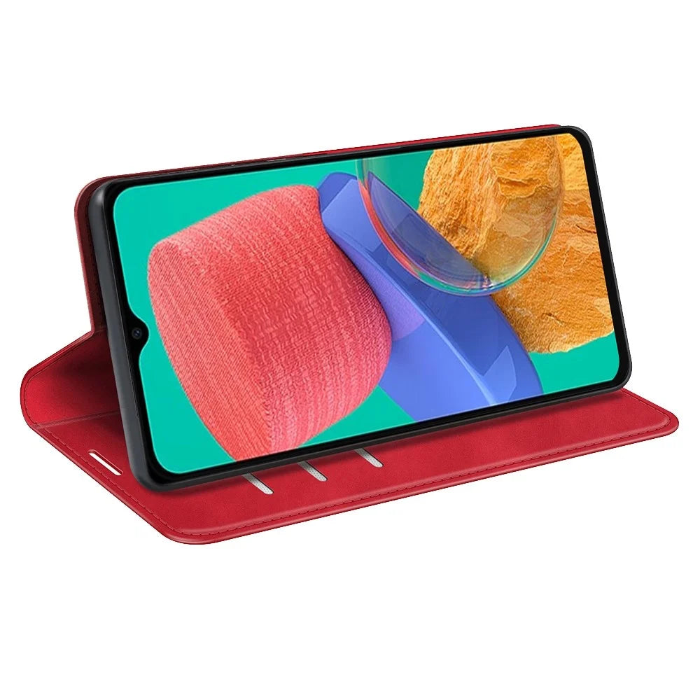 For Samsung Galaxy M33 5G (Global Version) Skin-touch Feeling PU Leather Auto Closure Magnetic Phone Case with Wallet Stand - Red - 3